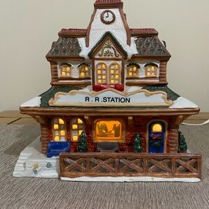 Festive Holiday Train Station with Lights